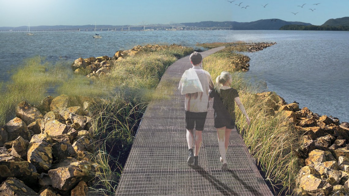A pedestrian and walking path atop breakwaters, shown in this rendering, could encourage wetland growth and protect Piermont from storm debris.